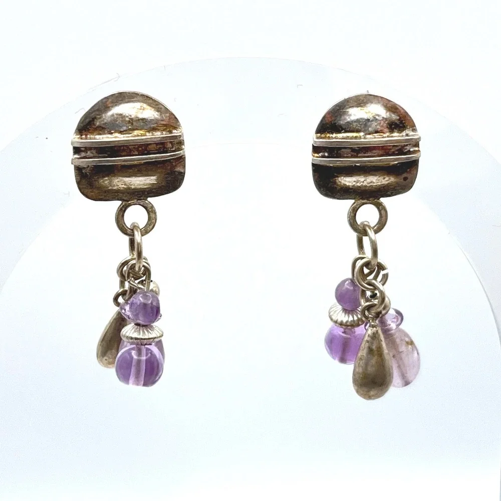 Vintage Sterling‎ Silver Amethyst Brutalist Cluster Drop Earrings Purple Stone